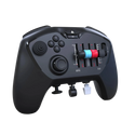Black gaming controller with multiple buttons and joysticks on a white background