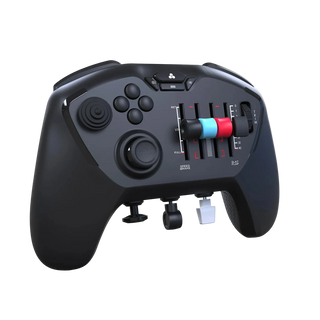 Black gaming controller with multiple buttons and joysticks on a white background