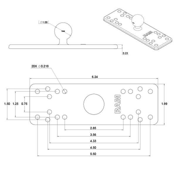 RAM Double Socket Arm and 6.25" x 2" Rectangle Base and Round Base With 1" Ball Marine Mounts by RAM Mount | Downunder Pilot Shop